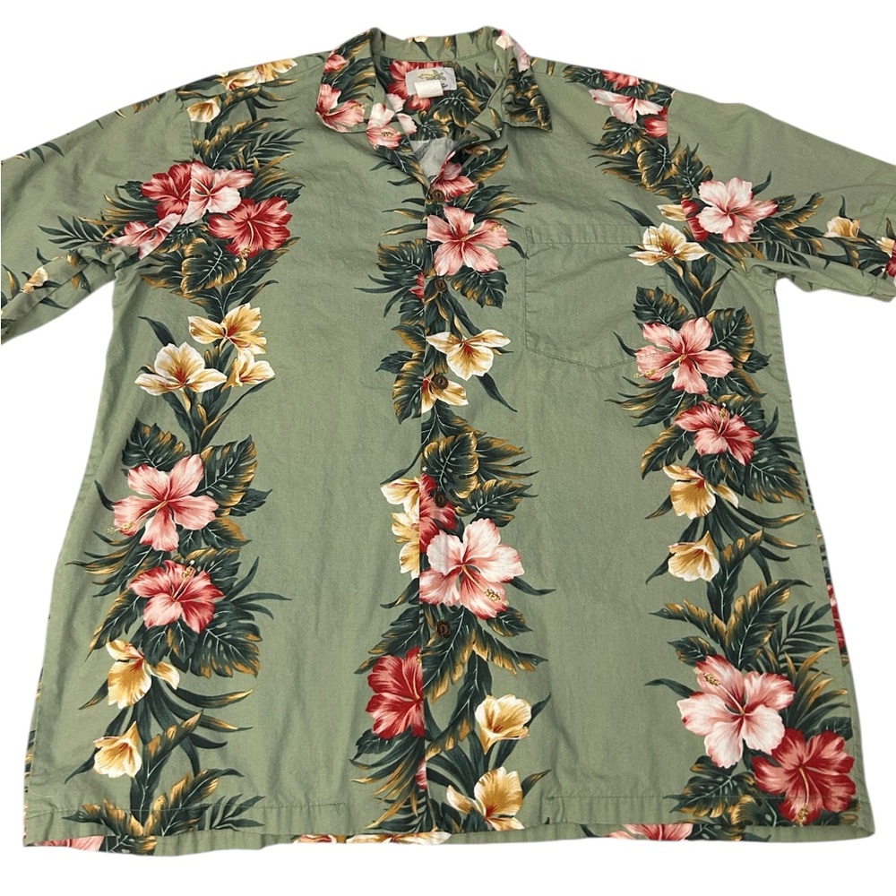VTG 90s HO ALOHA Hawaiian Button Up ShirtTropical Floral Green Pink Ylw‎ Men L